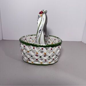 Vintage Neuwirth Hand Painted Braided Handle Basket Ceramic Floral from Portugal